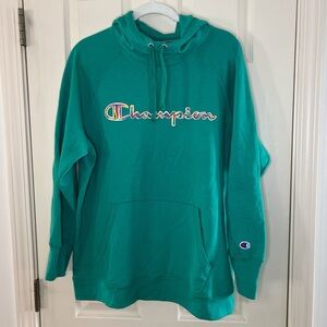 Champion Women's Plus Powerblend Hoodie, Graphic Script in Green Reef color way